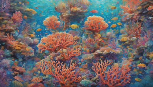 Immerse yourself in a vibrant underwater world where intricate Islamic geometric patterns intertwine with the mesmerizing colors of prismatic coral reefs. This artwork captures the delicate balance of nature and culture, showcasing the rich textures of coral formations, illuminated by shafts of light filtering through crystal-clear waters, inviting viewers into a serene aquatic haven.