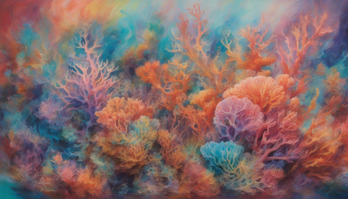 Vibrant, iridescent hues dance across the prismatic coral reefs, as if infused with an otherworldly essence, evoking an aura of weightless serenity in an abstract, dreamlike realm of beauty without bounds.