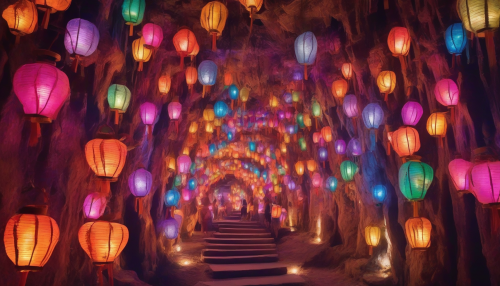 Vibrant lanterns illuminate the ancient Forgotten Underground Labyrinth, as joyful revelers dance through its mystifying passages, surrounded by glittering crystals and soft, melodic music, creating an enchanting atmosphere of wonder and magic.