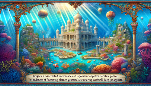 Dive into a whimsical realm where the remnants of a magnificent lost palace meet vibrant, playful landscapes. Sunlight filters through crystal-clear waters, illuminating colorful coral gardens and fantastical sea creatures that frolic among ancient ruins. A majestic castle, draped in lush marine flora, serves as the centerpiece, inviting explorers to discover hidden treasures and embark on exhilarating underwater adventures.