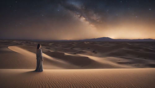 Capture a stunning portrait of a person against a breathtaking starlit desert backdrop. The subject should embody serene beauty, with soft glowing features that reflect the cosmic light above, while the vast, sandy dunes stretch infinitely into the horizon. The night sky, filled with twinkling stars and a hint of the Milky Way, enchants the scene, creating a harmonious balance between humanity and nature.