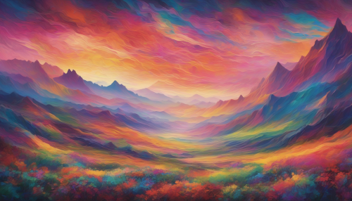 Imagine a sprawling landscape filled with vibrant, flowing gradients that dance across the horizon. Ethereal wisps of wind carry shimmering colors through the air, as surreal flora sways gently under the cosmic sky. The majestic hills rise gracefully, adorned with a tapestry of colors that blend harmoniously, creating a breathtaking vista that invites exploration and wonder.