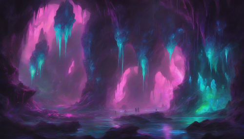 In a world where darkness and light are eternally at war, lies the Luminescent Caves. A mystical cavern system, home to creatures that radiate ethereal glows, clashing with the perpetual darkness. Each bioluminescent creature, a soldier in this unending conflict, adding contrasting hues of neon blues, purples, greens, and pinks. The shimmering stalactites and stalagmites appear as crystalline battlegrounds in this surreal subterranean landscape, echoing with the silent cries of this ever-raging war of contrast and conflict.