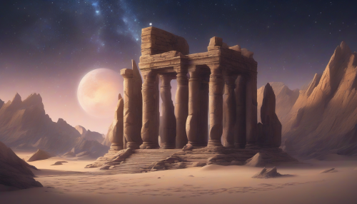 Softly glowing ruins emerge from the sands, as if frozen in time, with stars and moonlight dancing across ancient stone, infused with an otherworldly essence, in a mesmerizing blend of celestial and earthly beauty.