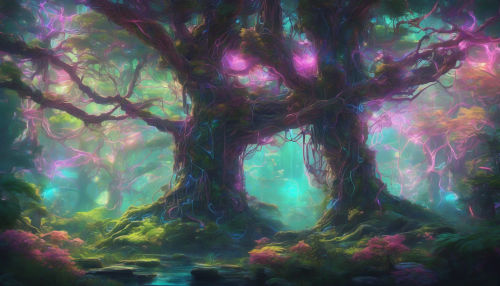 In a lush forest, neon circuitry entwines ancient trees, as blooms of light dance across the digital foliage, merging technology and nature in a mesmerizing, ethereal landscape of contrasts, where innovation meets the beauty of the untamed wilderness.