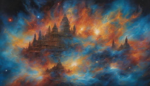 In this riveting piece, the Nebula Crown Palace unfolds as the central element, imbued with the nuances of emotional expression. The palace, striking and majestic, is painted against a cosmic backdrop imparting a sense of grandeur and mystery. The nebula's vibrant hues mirror human emotions, ebbs and flows in its fiery passion, serene blues, and melancholic purples. Every stroke resonates with emotions; joy, sorrow, love, and loss, creating a breathtaking panorama that transcends beyond the tangible universe, reaching the very core of the human heart.