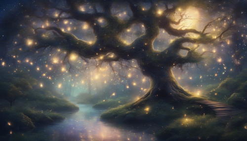 A mystical forest with ancient trees, shimmering moonlight, and a winding river, surrounded by fireflies and a sky filled with glittering stars, evoking a sense of enchantment and wonder in a magical world of dreams and fantasy.