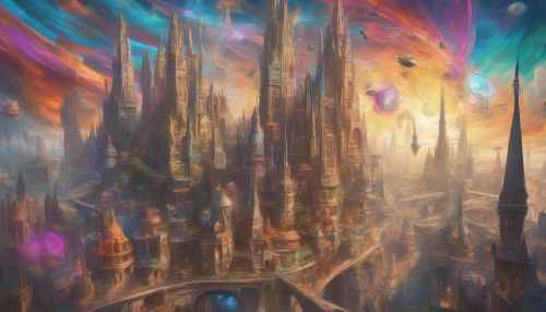 A swirling city appears through the time portal, with skyscrapers and medieval spires blending together, as ancient and futuristic vehicles zoom by, creating a mesmerizing vortex of colors and sounds.