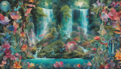 Vibrant paper fragments dance around lush, shimmering waterfalls, blending reality and fantasy in a mesmerizing collage, inviting viewers to step into an enchanted realm of serenity and wonder.