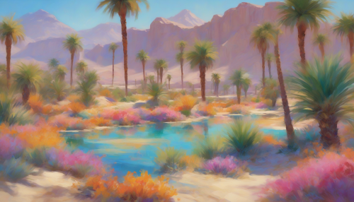 In a sun-drenched desert, an enchanting oasis springs forth with vibrant, swirling hues inspired by Impressionism. Lush palms sway gently in dappled light, casting playful shadows on crystalline waters. Wildflowers bloom in bursts of color, while a mirage of distant dunes shimmers under a sapphire sky, inviting the viewer into a serene, mysterious world teeming with life and beauty.