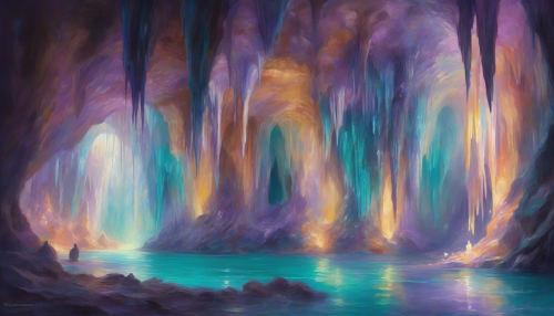 Capture a breathtaking scene of luminescent caves bathed in the soft, ethereal light characteristic of Impressionism. Vivid colors meld together as shimmering stalactites and flowing streams reflect hues of turquoise and violet. The gentle brushstrokes portray the enchanting interplay of light and shadow, creating a dreamlike atmosphere that invites viewers to immerse themselves in this magical underground world.