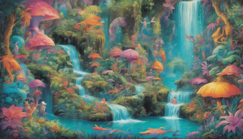 Dive into a whimsical realm where vibrant lowbrow art bursts to life with cascading enchanted waterfalls. Picture surreal colors and playful characters harmonizing with the shimmering water, framed by lush, exaggerated foliage. The scene is alive with playful creatures, fantastical elements, and a sense of wonder that invites the viewer to explore this enchanting landscape and discover its hidden secrets.