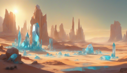 This concept art style merges the brilliant hues and ethereal aesthetics of the Crystal Desert. Skies glow with the warmth of a setting sun, casting long shadows across pristine, mirror-like crystal surfaces. Aquamarine and citrine points of light sporadically pierce the visual horizon, mimicking the desert's harsh, unrelenting heat. The image manages to beautifully capture the sharp, crystalline peaks, expansive sand dunes, and shifting oases, presenting a stark yet mesmerizing contrast between the brutal and the beautiful.