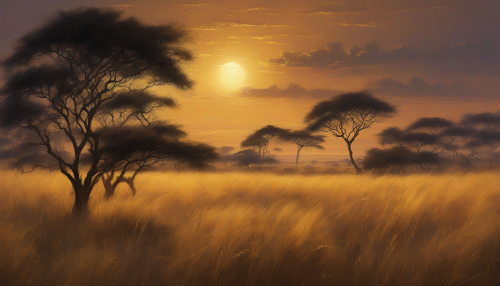 Immerse yourself in a mesmerizing scene where the golden savannah stretches endlessly under a twilight sky. Ethereal light trails dance gracefully among the tall grasses, illuminating the landscape with a warm, mystical glow. Silhouettes of acacia trees stand tall against the horizon, creating an enchanting juxtaposition of nature and artistry, captivating the viewer's imagination.