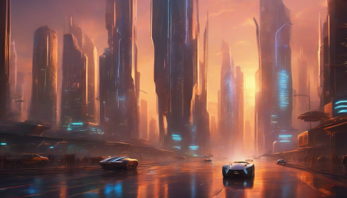 A futuristic metropolis with sleek skyscrapers, neon lights reflecting off wet pavement, and flying cars zipping by, set against a warm, golden sunset backdrop with a hint of mist.