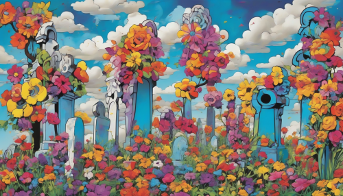 Imagine a mesmerizing blend of bold colors and striking patterns, where towering, stylized sculptures loom over a lively graveyard. Each grave marker bursts with vibrant hues and graphic designs, celebrating life amidst death. The sky is filled with swirling comic book clouds, while playful, oversized flowers add whimsy, transforming a somber setting into an eye-catching spectacle of pop art brilliance.