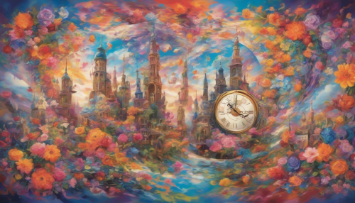 A dreamlike landscape unfolds with melting clock towers, distorted skies, and vibrant flowers blooming in mid-air, as reality bends and warps in a kaleidoscope of colors and swirling patterns, inviting the viewer to step into a world beyond the ordinary.