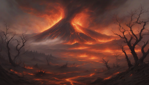 A fiery volcano rises from the barren plains, surrounded by a tapestry of smoldering embers, ash-filled skies, and withered trees, as nature's fury awakens in a swirl of flames and smoke, illuminating the darkening landscape.