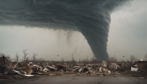 A serene documentary photography style captures the stillness at the center of a tornado, highlighting the contrasting tranquility amidst chaos, with debris and destruction swirling around a peaceful, undisturbed core.