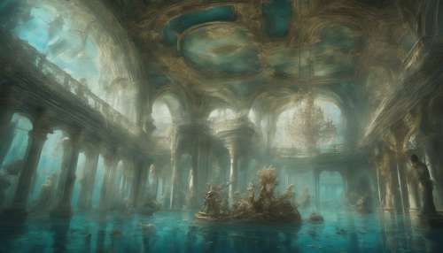 In this tableau of unyielding determination and forgotten grandeur, we are plunged into a world where work and labor exist in harmony with the ethereal magic of an underwater palace, now lost to time. Submerged beneath the ocean's surface, the palace's once resplendent beauty now resonates in the tireless efforts of workers sketched against the background of this submerged majesty. Every stone, every seaweed-draped column stands as a testament to the enduring allure of labor.