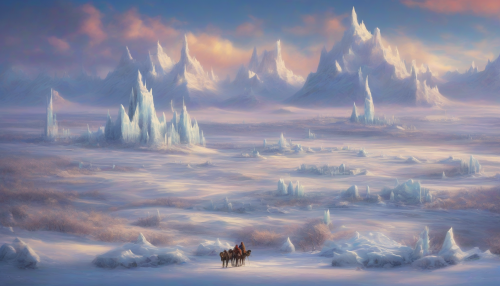 A serene landscape of ice spires pierces the sky, as vibrant cultural scenes unfold amidst the frosty grandeur, where traditional attire and music blend with the tundra's majestic chill.