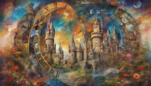 Imagine a swirling, vibrant collage where a majestic castle stands suspended within a mesmerizing time vortex. Layers of vivid colors and intricate textures create a dynamic backdrop, merging historical architecture with elements of time travel. Clocks and celestial bodies intertwine with lush landscapes, evoking a sense of wonder and adventure, as if the castle is a gateway to other worlds.