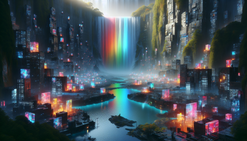 In the heart of a dystopian metropolis, Rainbow Veil Falls cascades into a luminous abyss, its vibrant hues clashing with the dark, gritty cityscape, as holographic advertisements dance across the misty veil, reflexivity blurring reality.