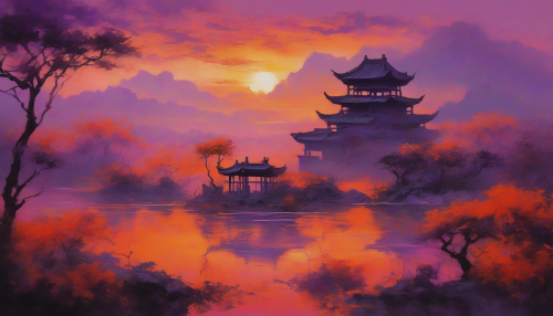 Imagine a breathtaking scene where ancient ruins, overgrown with lush greenery, rise majestically against a vibrant sunset. The sky shifts from fiery oranges to deep purples, reflected in delicate brush strokes reminiscent of traditional Chinese ink painting. In this enchanting tableau, the interplay of light and shadow captures the serenity and timelessness of history entwined with nature's beauty.