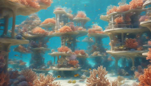 Visualize a tranquil underwater city, where minimalist architecture harmonizes with vibrant coral formations. Soft, flowing lines define the buildings, enveloped by shimmering blue waters and delicate marine life. Sunlight filters through the surface, casting dappled patterns on the sandy ocean floor. This serene landscape captures the essence of simplicity amidst the rich, colorful backdrop of coral reefs, evoking a sense of peace and connection with nature.