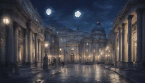 Imagine a scene where the grandeur of Classicism meets the haunting beauty of a city veiled in eternal night. Majestic marble structures rise against a backdrop of deep indigo skies, illuminated by the soft, ethereal glow of moonlight. Shadows dance along the cobblestone streets, while enigmatic figures wander, cloaked in mystery, evoking a sense of timeless elegance and intrigue.