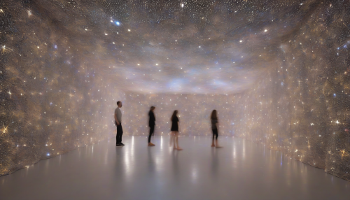 An immersive installation featuring shimmering starfields that envelop the viewer, with twinkling lights and cosmic sounds, evoking a sense of weightlessness and connection to the universe, as the boundaries between space and self dissolve.