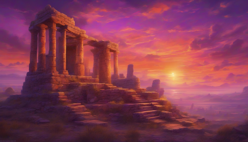 A surreal scene unfolds as ancient stone structures rise against a vibrant sunset sky, where hues of orange and purple blend seamlessly. Delicate trails of light dance around the ruins, illuminating inscriptions and carvings with a magical glow. The atmosphere is filled with mystery and wonder, inviting viewers to explore the forgotten stories of a bygone civilization.