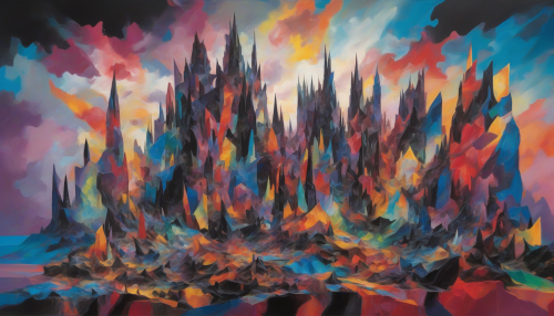 Imagine a striking postmodern landscape where a towering obsidian fortress rises amidst a chaotic blend of vibrant colors and abstract shapes. The fortress, with its jagged edges and reflective surfaces, shimmers under an ethereal sky filled with surreal clouds. Surrounding it are fragmented structures and unconventional sculptures that challenge perceptions, inviting viewers into a dreamlike realm of contrast and intrigue.