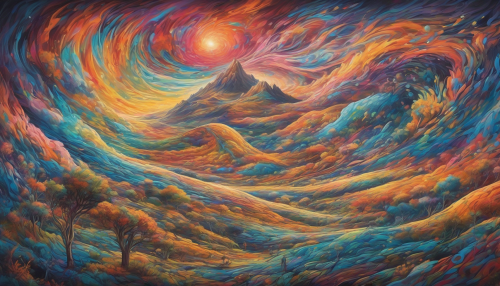 Swirling astral winds sweep across vast plains, as vibrant street art murals dance upon the landscape, blending earthly grit with otherworldly beauty, creating a mesmerizing fusion of art and nature.