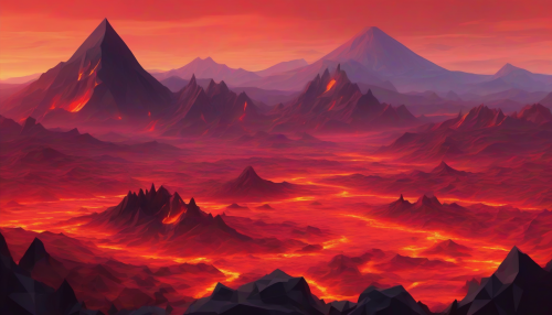 Rugged volcanic plains stretch as far as the eye can see, with low poly mountains rising in the distance, their faceted peaks glowing like embers in the fading light, as lava flows and volcanic ash paint the landscape with vibrant, fiery hues.