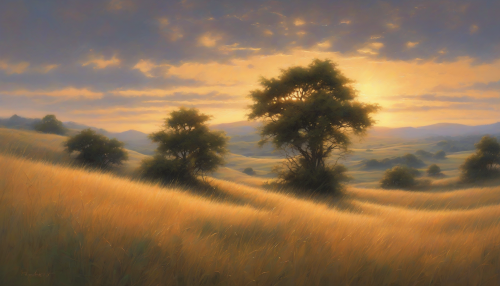 Rolling hills of tall grass stretch towards the sky, swaying gently in the astral wind, as the soft, luminescent glow of the setting sun dances across the plains, infusing the landscape with an otherworldly serenity.