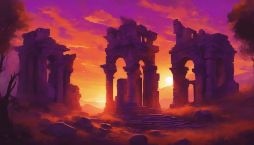 Envision an ancient ruin, its crumbling stones adorned with intricate, prophetic symbols, bathed in the warm glow of a breathtaking sunset. Silhouetted against vibrant hues of orange and purple, the landscape breathes life into the myths of old. Shadows dance across the terrain, whispering secrets of past civilizations, as the air thickens with the promise of revelation and wonder.