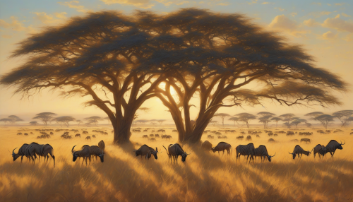 A breathtaking scene unfolds in the heart of the golden savannah, where sun-kissed grasses sway gently in the warm breeze. Majestic acacia trees dot the horizon under a brilliant blue sky, while a herd of wildebeests grazes peacefully nearby. The realistic detail captures the play of light and shadow, immersing viewers in the tranquil beauty of this iconic landscape.