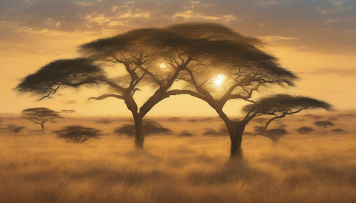 The sun-kissed savannah stretches far and wide, golden hues of grasslands swaying gently, as symbolic acacia trees stand tall, their branches embracing the sky, infused with an air of mystique and freedom.