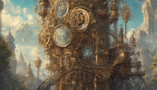 In a mystical realm, an Enchanted Clockwork Tower pierces the sky, its intricate gears and shimmering crystals whispering ancient secrets to those who dare to listen, as wonders and magic unfold within its mesmerizing, steam-powered heart.