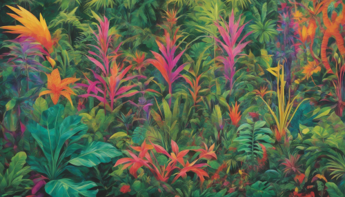 In the heart of a lush rainforest, disjointed narratives of exotic plants and surreal wildlife intertwine, challenging perceptions of reality amidst a kaleidoscope of vibrant colors and mesmerizing sounds.