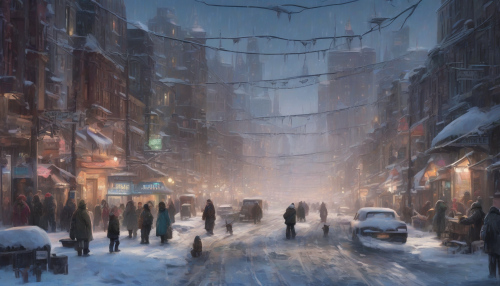 A city thrives amidst icy spires, where street life converges with frozen tundra, neon lights dancing across frosty skyscrapers and snow-covered alleys, as the chill of winter meets urban vitality.