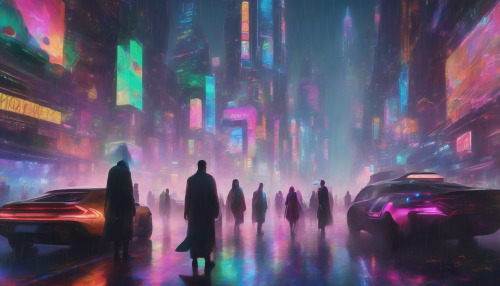 A dark, rain-soaked cityscape with sleek skyscrapers, holographic ads, and flying cars zipping through the misty night air, as people in long coats and masks hurry along the sidewalks, surrounded by a kaleidoscope of colorful lights and futuristic technology.