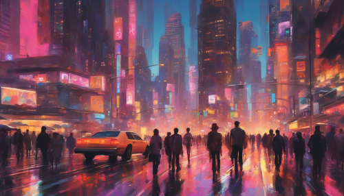 A bustling metropolis at dusk, with sleek skyscrapers, neon lights reflecting off wet pavement, and people from diverse backgrounds rushing to their destinations, amidst the sounds of honking cars and chatter, under a vibrant, sunset-lit sky.