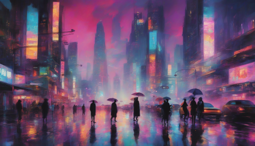 A surreal, vibrant cityscape at dusk with towering skyscrapers, neon lights reflecting off wet pavement, and silhouetted figures moving through the bustling streets, surrounded by swirling clouds and mist.