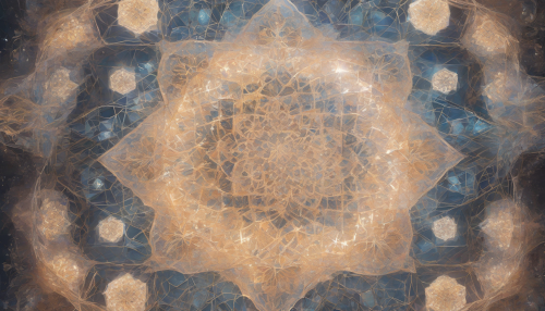 Intricate Islamic geometric patterns dance across gleaming crystal formations, suspended in mid-air like ethereal flowers, as soft luminescence emanates from within, bathing the surroundings in an otherworldly glow.