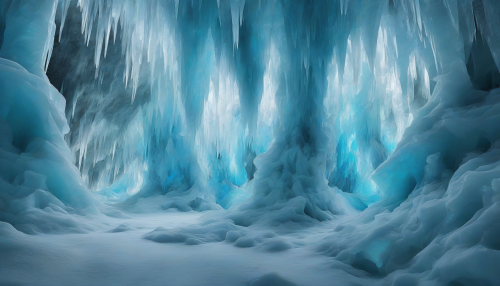 Dive into a mesmerizing world where abstract art intertwines with the breathtaking beauty of stellar ice caverns. Imagine vibrant hues of blue, turquoise, and silver illuminating the jagged ice formations, while ethereal patterns swirl around like cosmic clouds. Fractals of frozen light dance on the walls, creating an otherworldly atmosphere that invites exploration and wonder.