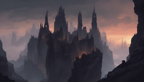 A foreboding stronghold built upon a precipice, its obsidian walls absorbing the fading light of day, as dark silhouettes of twisted spires pierce the sky, whispering ancient secrets to the wind.