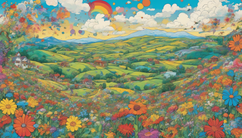 Imagine a vibrant valley bursting with countless flowers, each petal detailed in bold comic-style outlines and vivid colors. Rolling hills stretch into the distance, dotted with quirky characters enjoying the serene landscape. A bright blue sky overhead is splattered with exaggerated clouds, while playful wildlife adds a dash of humor, inviting viewers into this enchanting world of blooms.