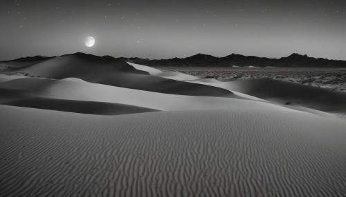 Capture the tranquil beauty of a vast desert under a star-studded sky using striking black and white photography. The sharp contrasts of light and shadow will accentuate the undulating dunes, while the twinkling stars create a dreamlike atmosphere. Highlight the serenity of this remote landscape, inviting viewers to lose themselves in the calm and wonder of nature's night canvas.